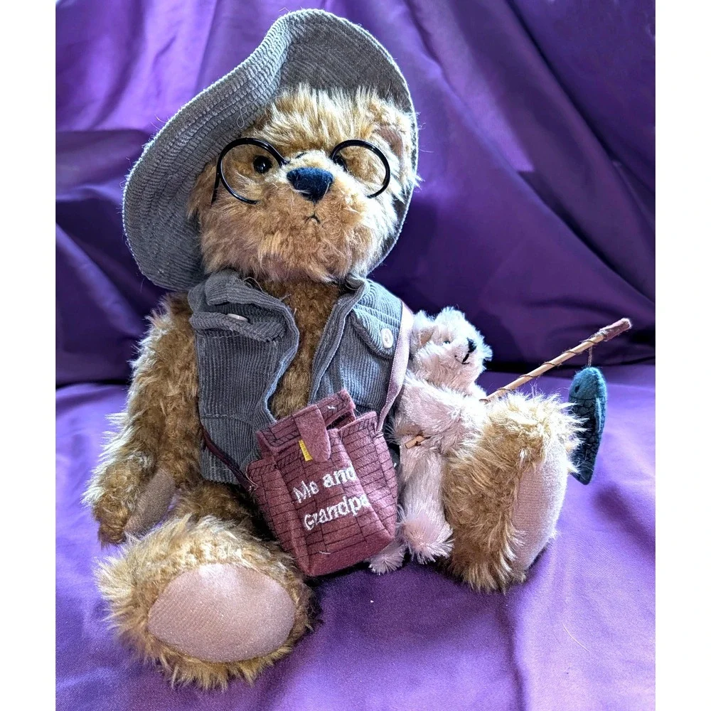 Plush Brown Grandpa Bear glasses fishing pole Creel Vest Glasses Grandchild Hat